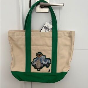 Ralph Lauren Cream Canvas Tote with Green Accents and Polo Bear Patch